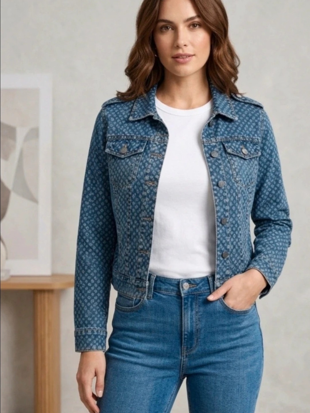 Retro Patterned Blue Denim Jacket - Women's Jean Jacket
